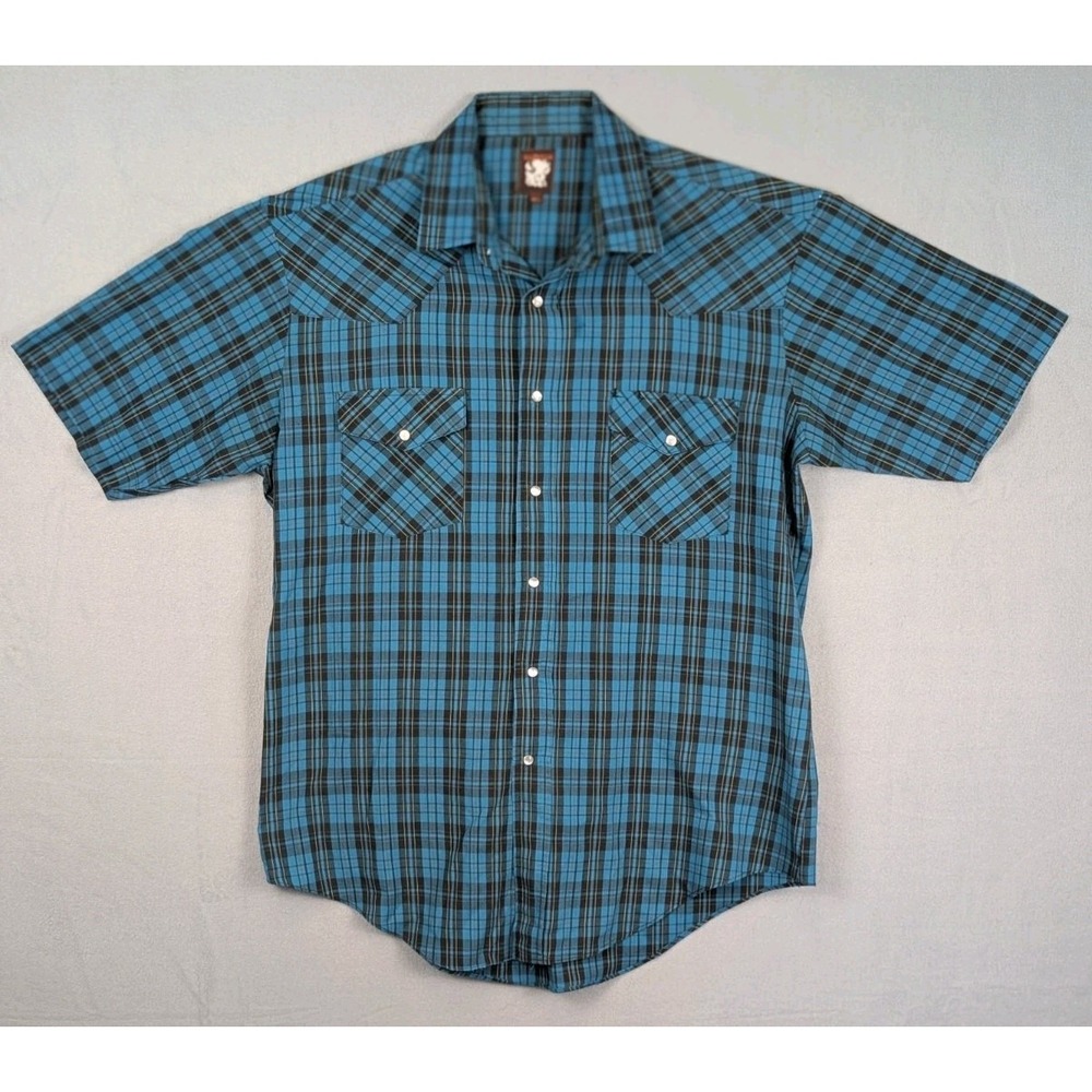 Karman Men's Western Shirt 16.5 Blue Plaid Pearl Snap Short Sleeve Cowboy
